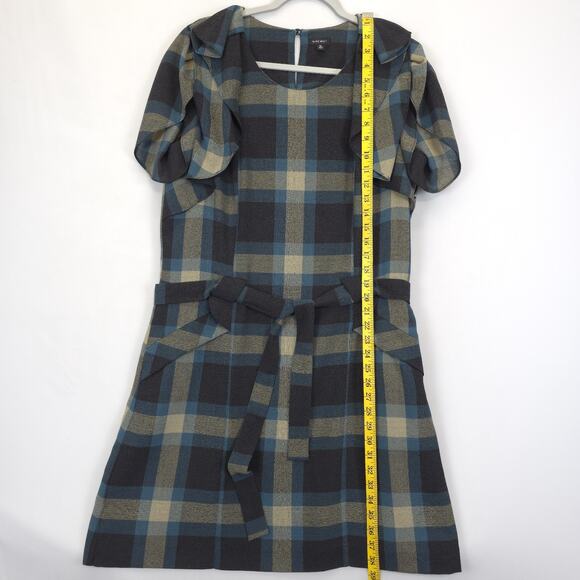 Nine West Shift Dress Plaid Gray Teal Belted Pedal Sleeves Women 14 Academia - Picture 7 of 15